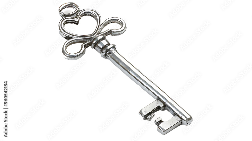 Simple silver key with a detailed bow and bit, isolated on a white background Simple silver key with a detailed bow and bit, isolated on a white background