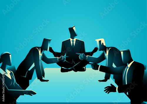 Business people pointing at each other in a heated debate during a meeting, while their boss calmly practices yoga on the table. Concept for stress management, leadership, and workplace conflict