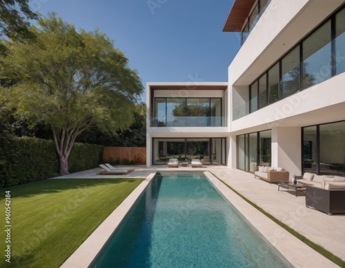 Villa moderna con piscina allungata, ampie vetrate e giardino curato.
