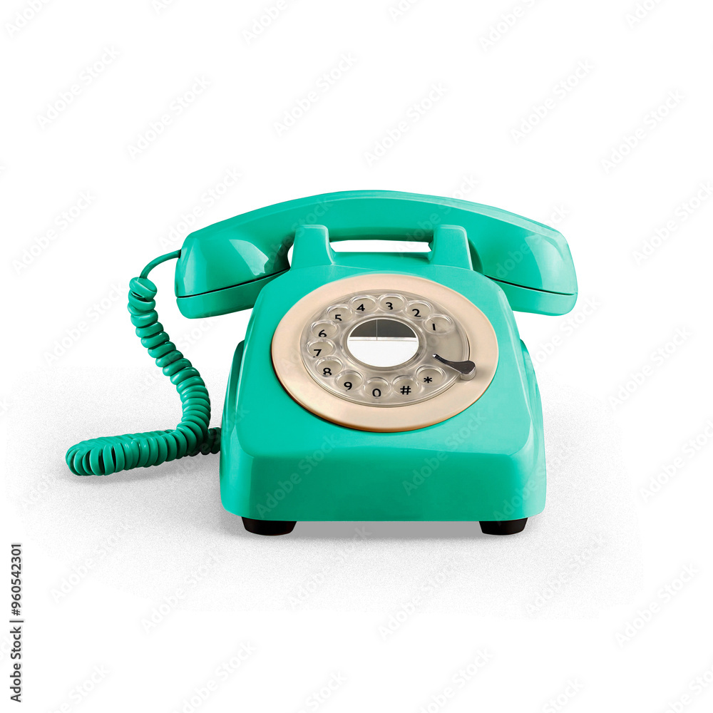 Turquoise 70s phone as a concept of contact, communication and response to customers, with transparent background and shadow Turquoise 70s phone as a concept of contact, communication and response to customers, with transparent background and shadow