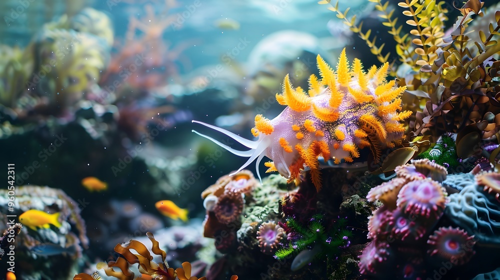 Fototapeta premium Captivating Underwater Scene with Insect like Sea Slugs Amidst Vibrant Coral Reef