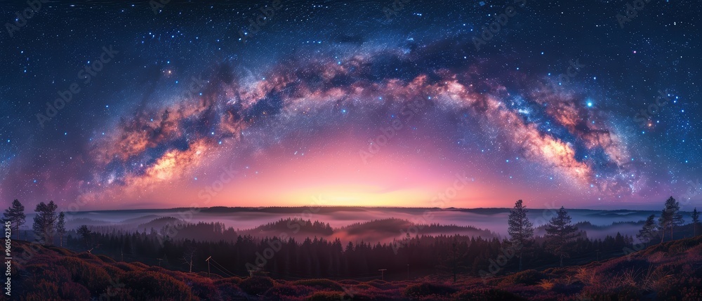 Fototapeta premium Enchanting Milky Way Galaxy Over Forest at Night in Stunning - Perfect for Astrophotography Projects