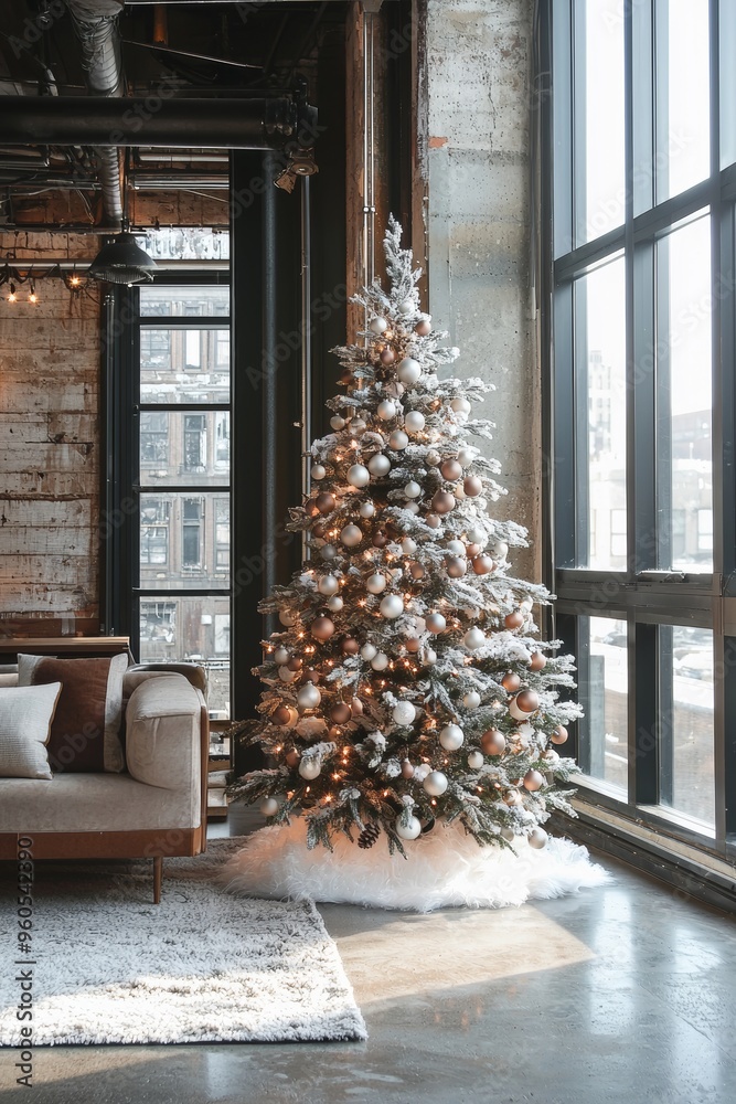 Minimalist Christmas Tree in Urban Loft with Modern Ornaments and Soft White Lights Minimalist Christmas Tree in Urban Loft with Modern Ornaments and Soft White Lights
