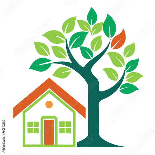 A home features a tree integrated vector illustration on white background