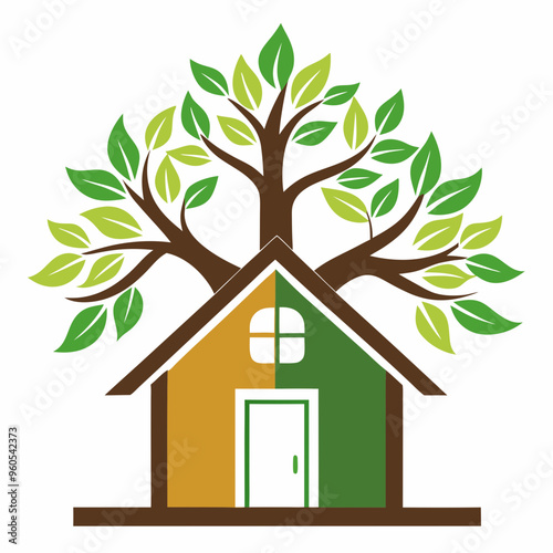 A home features a tree integrated vector illustration on white background