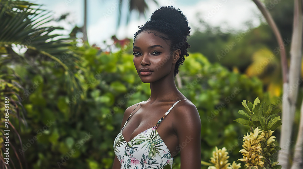 Bahamian woman standing outdoors surrounded by lush greenery