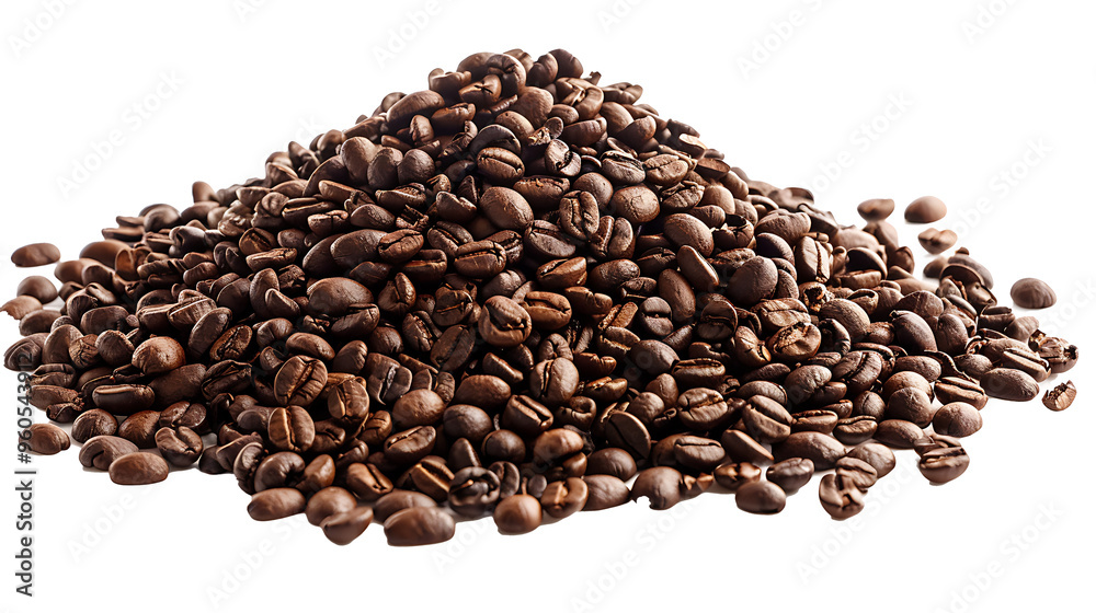 Detailed mountain of coffee beans with realistic texture and shading, isolated on a white Detailed mountain of coffee beans with realistic texture and shading, isolated on a white