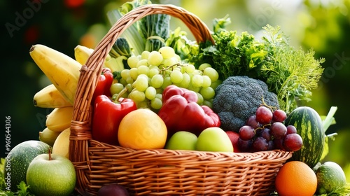 Fresh organic fruits and vegetables in wicker basket