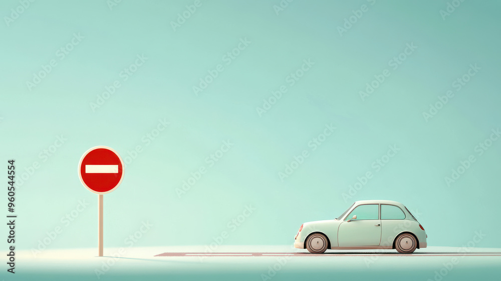 Whimsical depiction of a car bumping into a road sign, both looking surprised, minimalistic style, soft pastels Whimsical depiction of a car bumping into a road sign, both looking surprised, minimalistic style, soft pastels