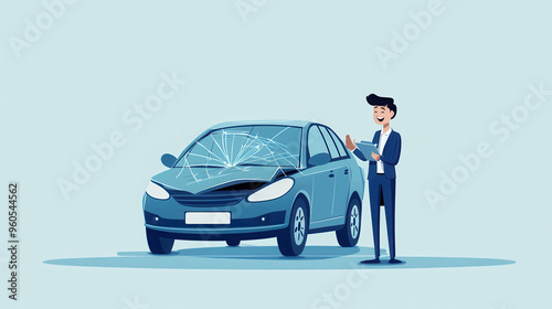 Minimalist drawing of a car with a cracked windshield being inspected by a smiling insurance agent, cartoon style, soft colors, car accident, insurance