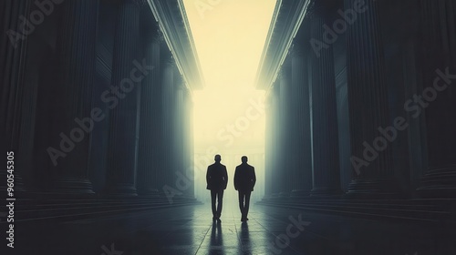 two men walking neoclassical architecture grand columns symmetrical composition urban exploration theme