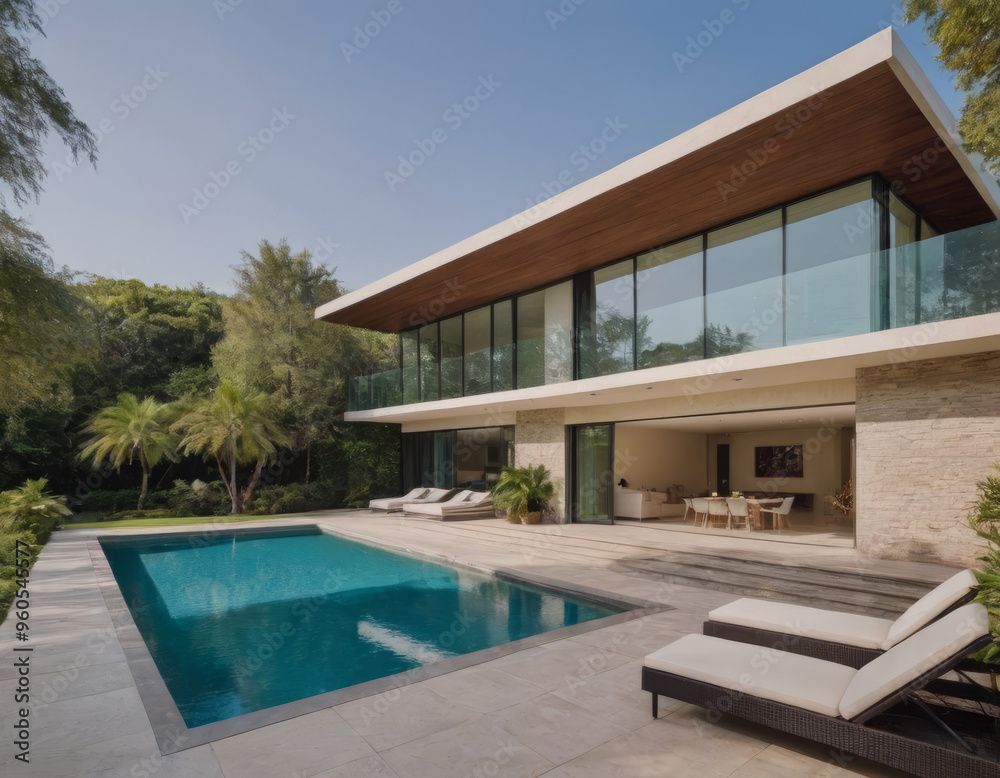 Fototapeta premium Una piscina in primo piano, davanti ad una villa di lusso in stile moderno
