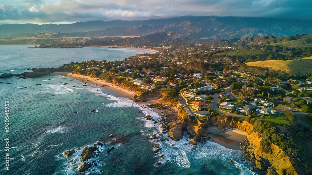 Fototapeta premium Aerial View of a Coastal Town with Ocean and Mountains