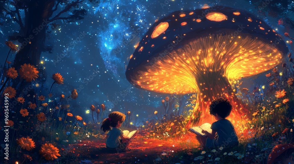 Enchanted Night Reading - Children under Glowing Mushroom in Whimsical Cartoon Style Enchanted Night Reading - Children under Glowing Mushroom in Whimsical Cartoon Style