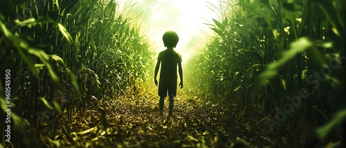 Spooky Alien Abduction in a Haunted Halloween Cornfield Maze Photography Concept with Copy Space for Text  This haunting and eerie scene depicts a mysterious extraterrestrial encounter in a dark photo