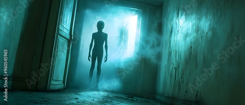 Alien Abduction Scene in a Haunted Halloween House with Eerie Sounds   Photography Concept Capturing the Unsettling Atmosphere of the Paranormal Event