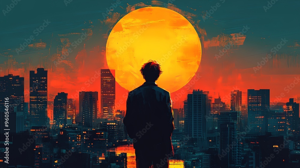 a man standing in front of a city skyline at sunset a man standing in front of a city skyline at sunset