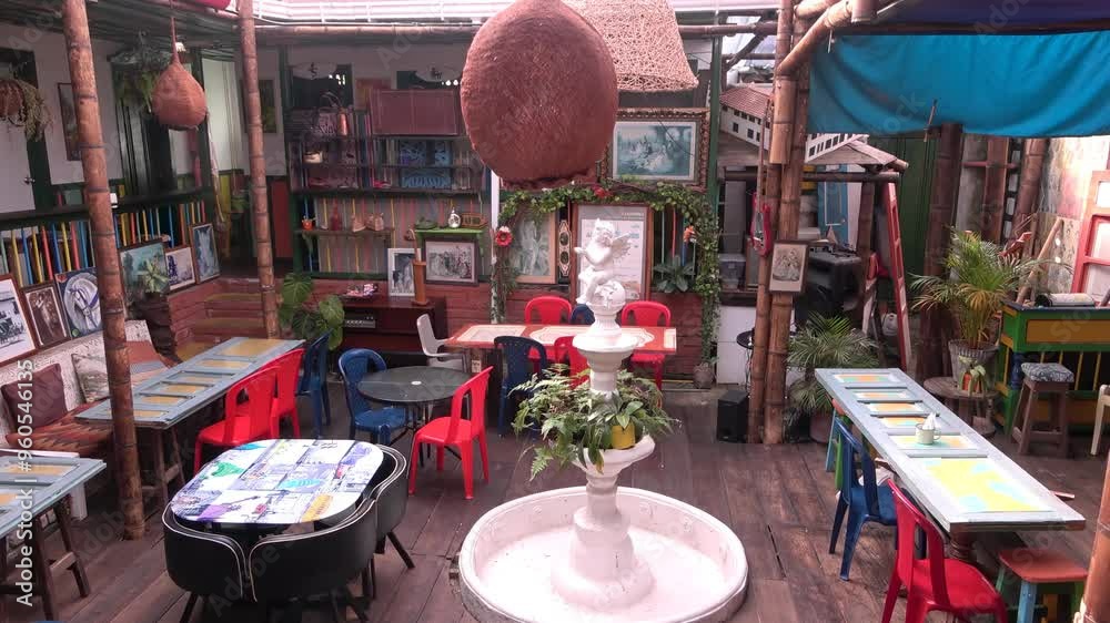 Estancia con decoración retro y múltiples espacios para sentarse