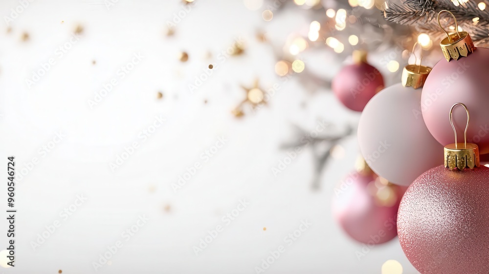 Fototapeta premium Beautiful holiday ornaments in soft pink hues glimmering against a blurred white background, perfect for festive celebrations.