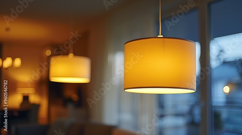 a light fixture hanging from a ceiling in a room with a window