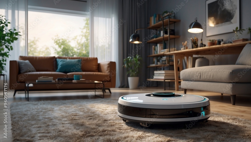 Smart robot vacuum cleaner on carpet in modern well-lit living room Smart robot vacuum cleaner on carpet in modern well-lit living room