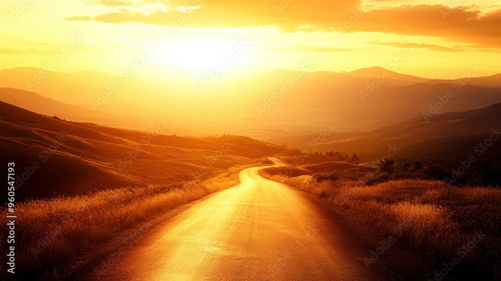 As the sun dips below the horizon, a winding road in the countryside reflects golden hues, surrounded by gentle hills and a tranquil atmosphere As the sun dips below the horizon, a winding road in the countryside reflects golden hues, surrounded by gentle hills and a tranquil atmosphere