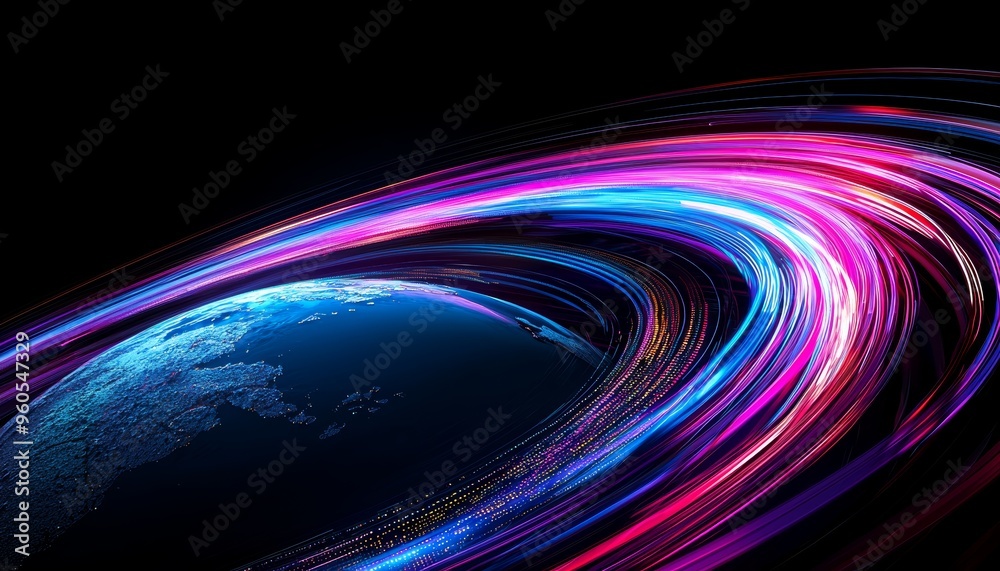 Bright streaks of light encircling a digital earth side view illustrating the rapid exchange of global information futuristic tone triadic color scheme Bright streaks of light encircling a digital earth side view illustrating the rapid exchange of global information futuristic tone triadic color scheme