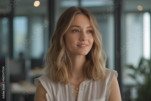 Free Download Portrait of young happy businesswoman in office looking away - GFXLoad