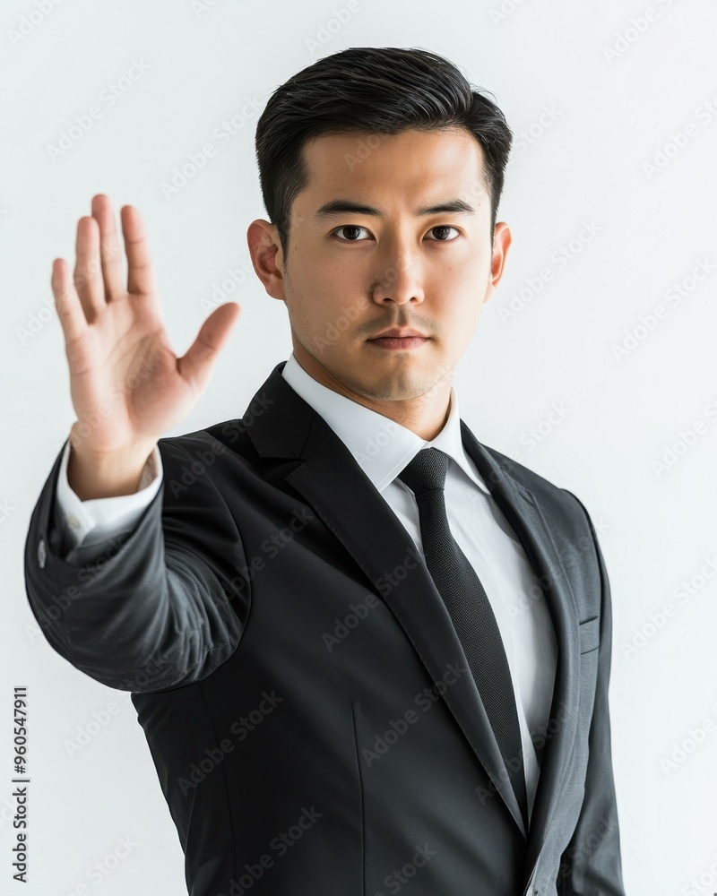 Young Asian Businessman in Black Suit Making Stop Gesture on White Background for Corporate Communication Young Asian Businessman in Black Suit Making Stop Gesture on White Background for Corporate Communication