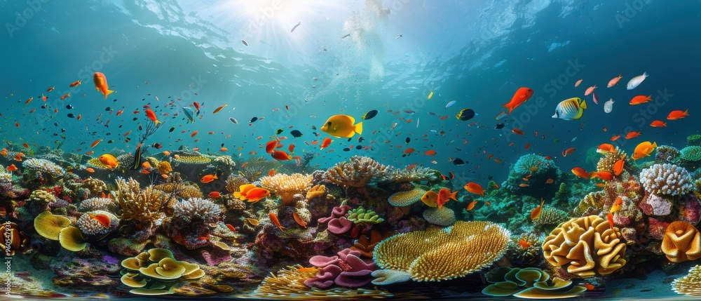 Obraz premium Vibrant Coral Reef Teaming with Diverse Marine Life in Crystal Clear Waters
