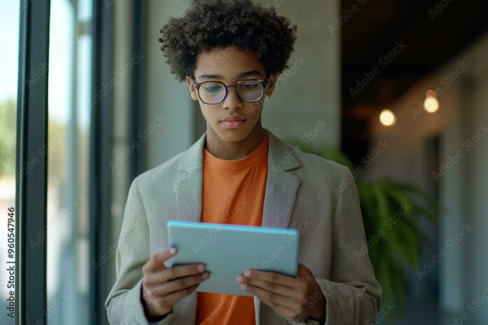 Young African American Man Using Tablet in Modern Office Young African American Man Using Tablet in Modern Office