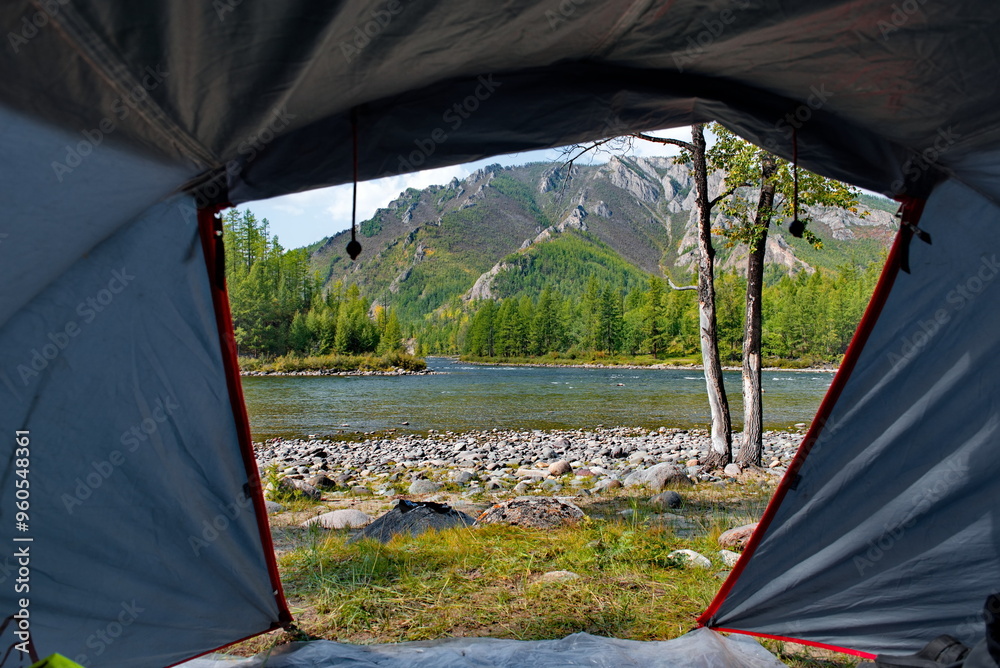 Russia, Western Buryatia. View from a tourist tent at the mouth of the ...
