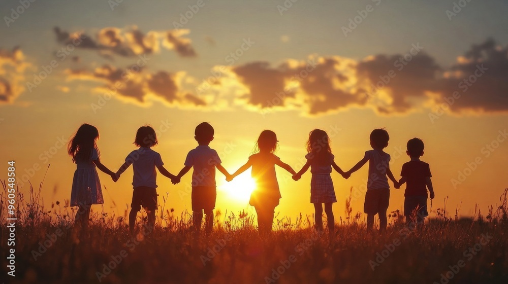 Silhouette of children holding hands while playing in a field at sunset, unity and diversity. Silhouette of children holding hands while playing in a field at sunset, unity and diversity.