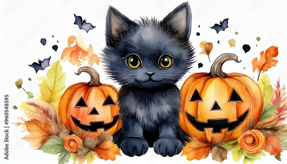 Set of cute black kitten cat with Halloween's Day elements. Isolated on white background. Can be used for Halloween's day, greeting cards and invitations. Hand drawn watercolor Set of cute black kitten cat with Halloween's Day elements. Isolated on white background. Can be used for Halloween's day, greeting cards and invitations. Hand drawn watercolor