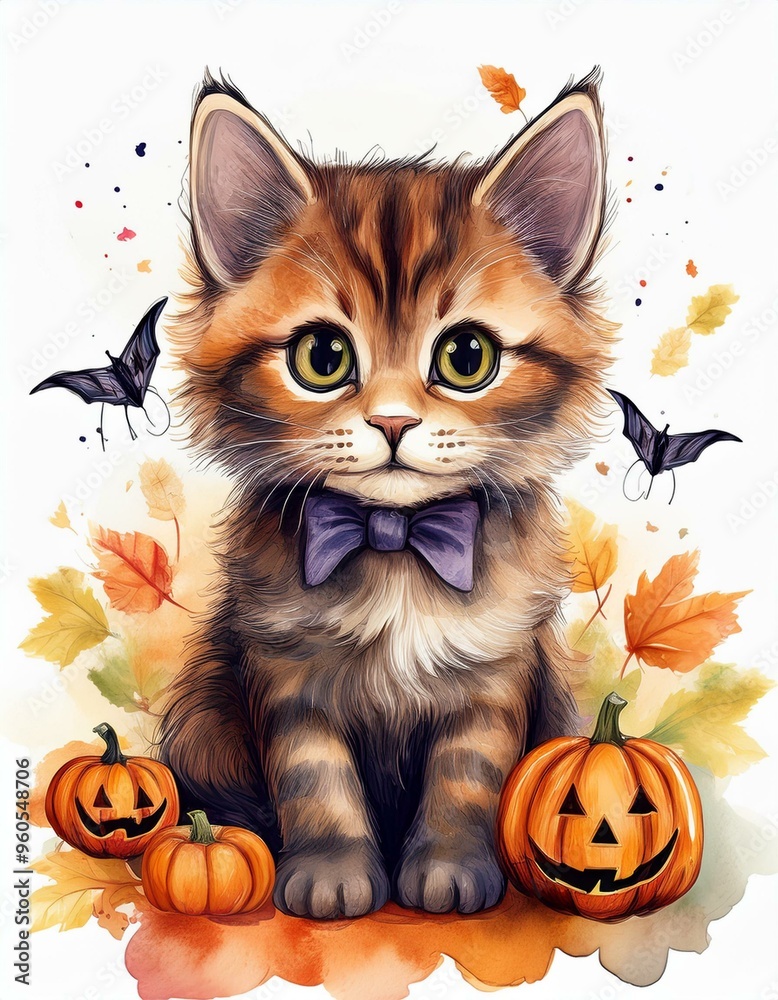 Set of cute black kitten cat with Halloween's Day elements. Isolated on white background. Can be used for Halloween's day, greeting cards and invitations. Hand drawn watercolor Set of cute black kitten cat with Halloween's Day elements. Isolated on white background. Can be used for Halloween's day, greeting cards and invitations. Hand drawn watercolor