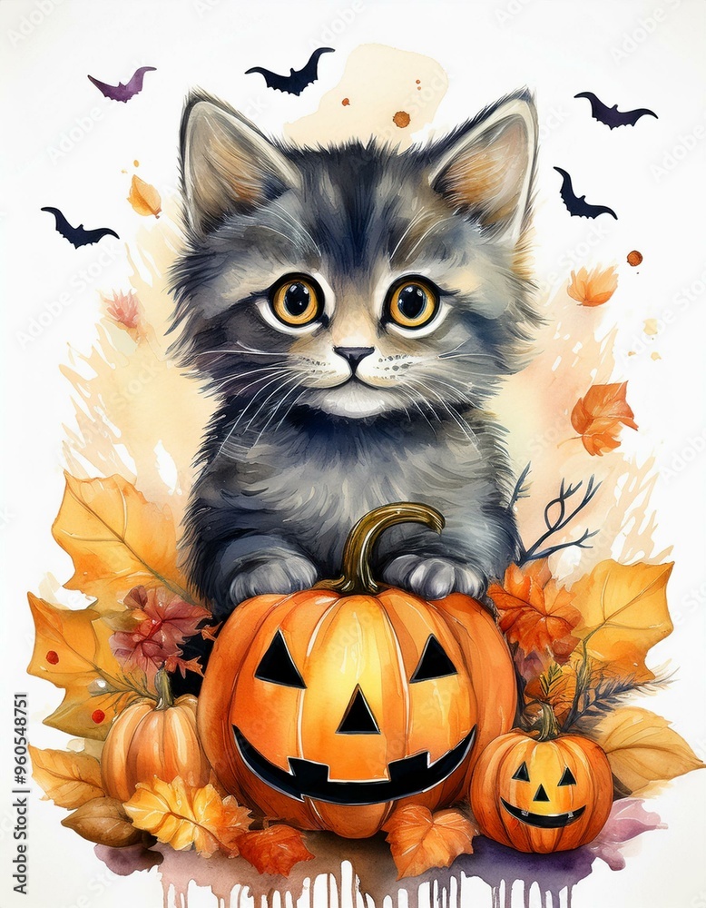 Set of cute black kitten cat with Halloween's Day elements. Isolated on white background. Can be used for Halloween's day, greeting cards and invitations. Hand drawn watercolor Set of cute black kitten cat with Halloween's Day elements. Isolated on white background. Can be used for Halloween's day, greeting cards and invitations. Hand drawn watercolor