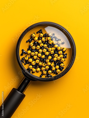 A magnifying glass reveals a vibrant mixture of yellow and black elements against a bold yellow background, symbolizing discovery.