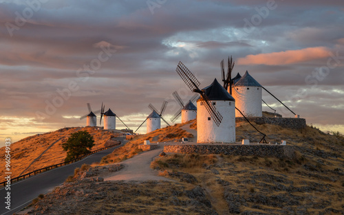 Beautiful exposure of the Windmills of Consuegra at Sunrise located on Castilla-La Mancha, Spain.