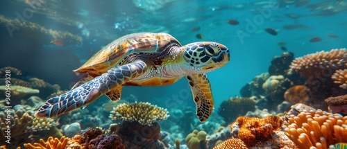 Majestic Sea Turtle Gliding Amid Vibrant Coral Reef Ecosystem Underwater