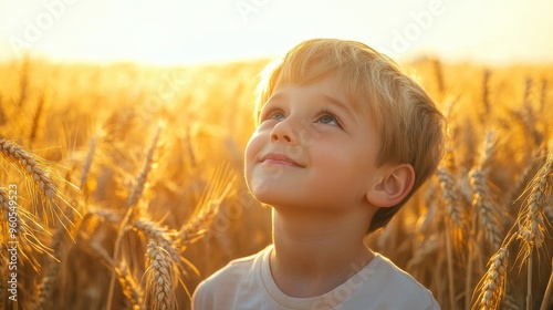 Child smiling in a golden wheat field at sunset.