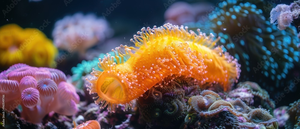 Obraz premium Serene Sea Cucumber Amid Vibrant Coral Reef Ecosystem