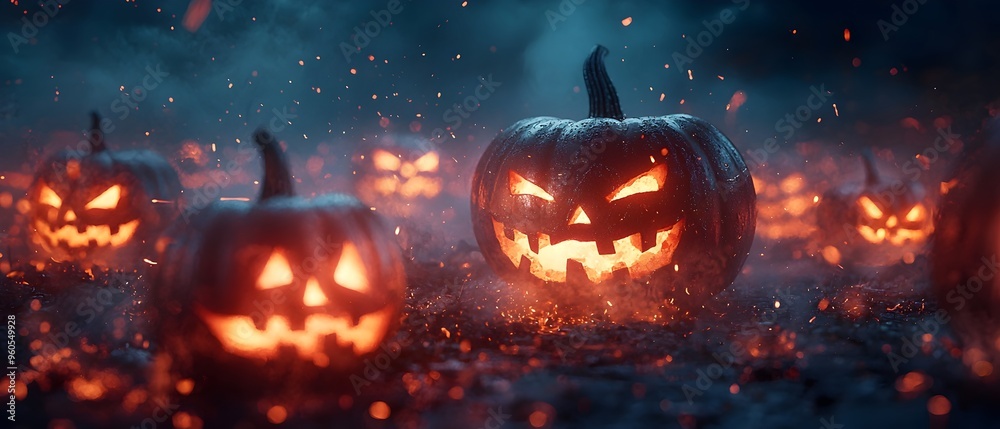Fototapeta premium Extraterrestrial creatures joining an eerie Halloween surrounded by glowing jack o lanterns in a moody autumnal landscape The scene creates a captivating otherworldly atmosphere