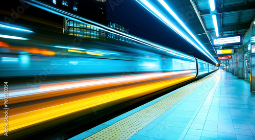 Um trem de alta velocidade passando por uma estação bem iluminada, simbolizando o trânsito rápido, o progresso tecnológico e a agitação vibrante do deslocamento urbano moderno photo