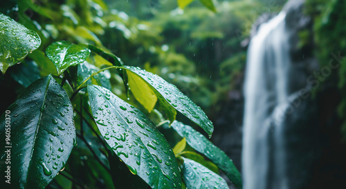 Uma foto detalhada de folhas verdes brilhantes encharcadas com gotas de água, com uma cachoeira deslumbrante ao fundo, oferecendo uma sensação de frescor e beleza pura da natureza. photo