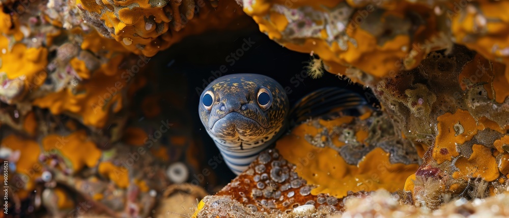 Graceful Moray Eel Hiding in Rocky Crevice Underwater Graceful Moray Eel Hiding in Rocky Crevice Underwater