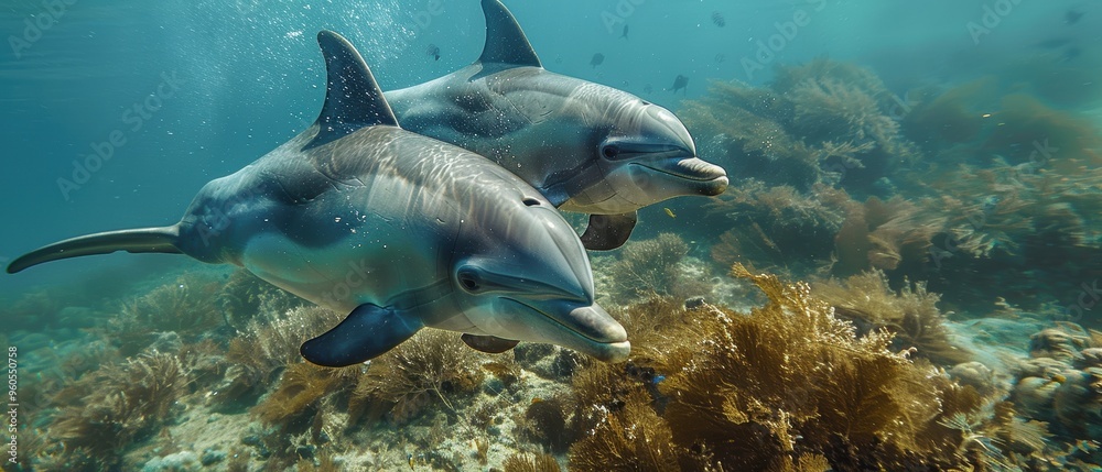 Fototapeta premium Majestic Moment of Dolphin Mother and Calf Swimming Harmoniously