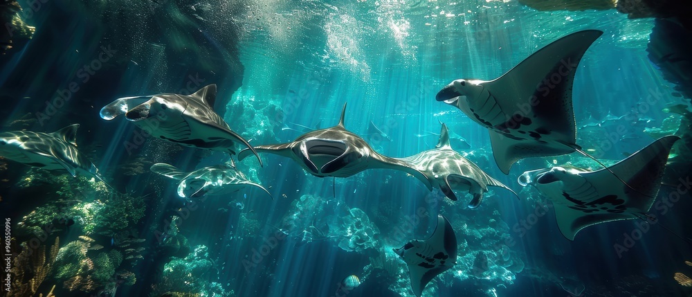 Fototapeta premium Graceful Manta Rays Gliding in Unison Through the Ocean Depths