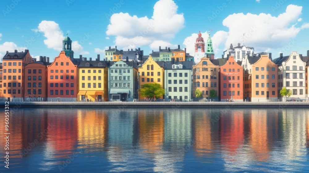 Obraz premium Colorful historic buildings by the waterfront reflect on the water under a bright blue sky, creating a picturesque European cityscape.