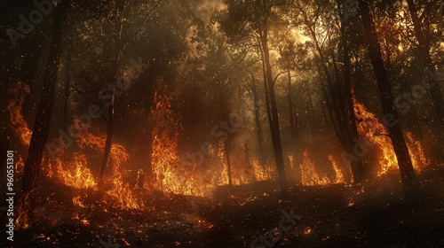 Dramatic Forest Fire Spreading Through Dense Woodland with Towering Flames and Dark Smoke