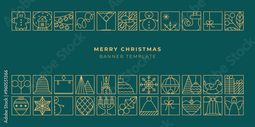 Merry Christmas Happy New Year greeting banner with gold line geometric icons. Luxury xmas design, poster template, background